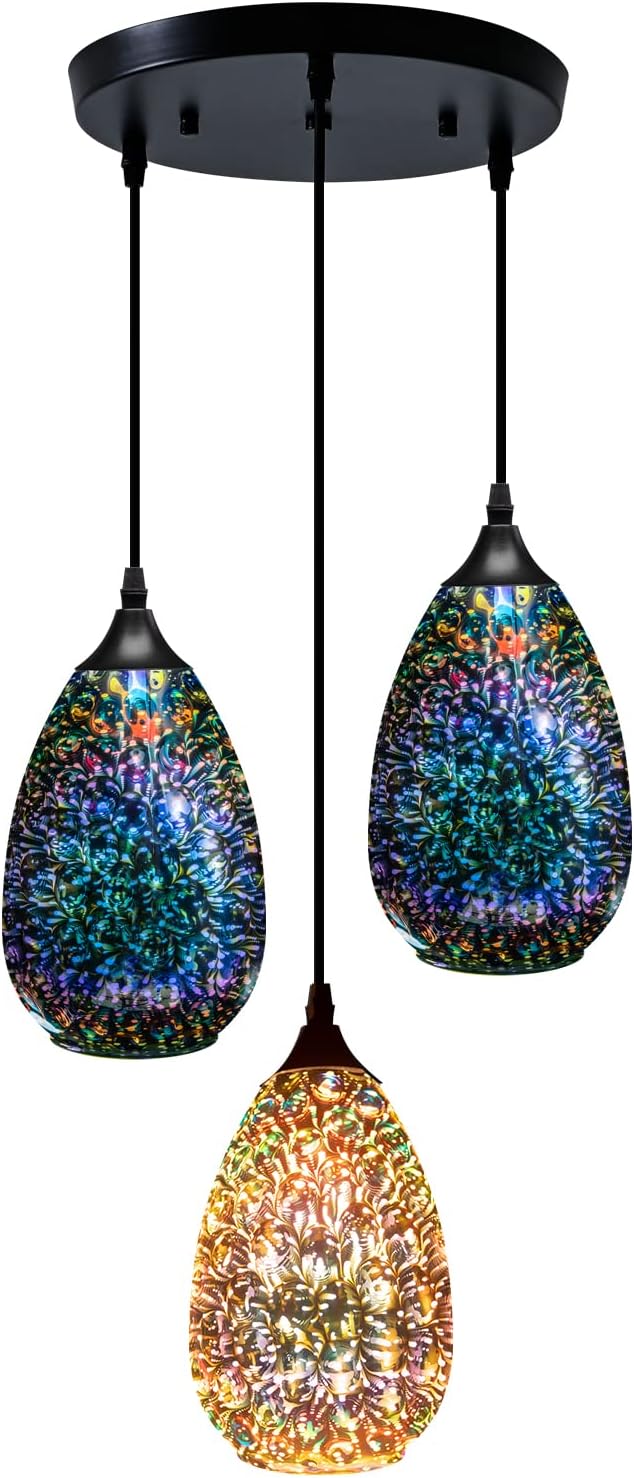 Yisuro Modern 3D Pendant Lights Kitchen Island 3 Pack, Farmhouse Colorful Glass Pendant Light with Clear Globe Shade, Kitchen Island Lighting for Dining Room Entryway, 7.8-inch Diameter