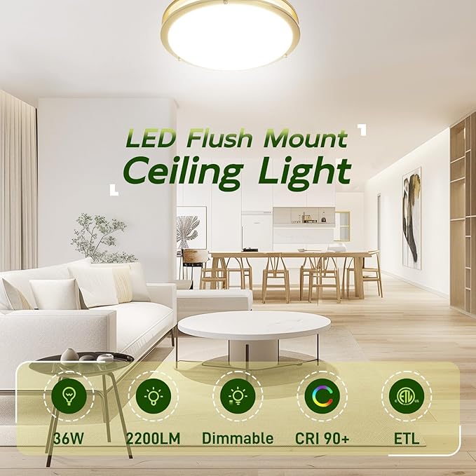 hykolity 16 inch Dimmable LED Flush Mount Ceiling Light Fixture, Gold, 36W, 2200LM, 2.7/3/3.5/4K/5K Adjustbale, 120°Light Angle, CRI90, Ceiling Lamp for Bedroom, Kitchen, Office, ETL Listed 2Pack