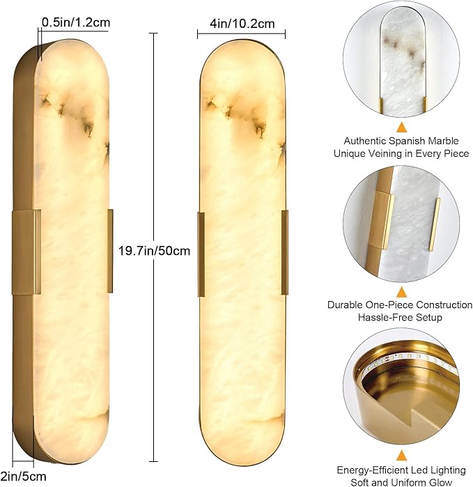 Modern Alabaster Wall Sconce 20" Gold Spanish Natural Marble LED Wall Lights Indoor Brass Wall Lighting Bathroom Vanity Light Fixtures Wall Lamps for Bedroom Hallway Dining Room