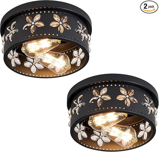 10.6 inch Black Flush Mount Ceiling Light Fixtures, 2-Light Ceiling Mount for Industrial, Crystal Light Fixtures for Farmhouse, Bedroom, Living Room, Kitchen, Hallway and Foyer (2 Pack)