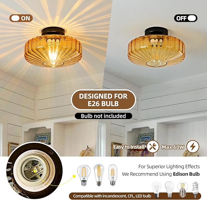 Glass Semi Flush Ceiling Lights - 12 in Vintage Mid Century Modern Lighting Fixture - Drum Unique Art Deco Amber Mount Light Fixtures for Hallway Entry Way Hall Kitchen Dining Laundry Room Foyer Porch