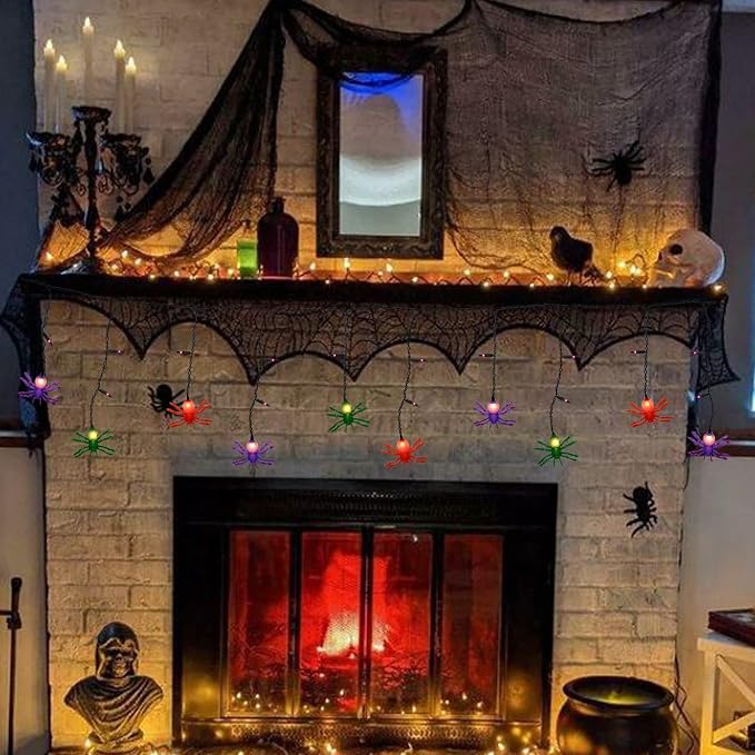 Halloween Spider String Lights Outdoor, 25 Mini Curtain String Lights with 10 Colorful Spider Lights, 7.5Ft Summerween Decoration Light for Window Patio Stair Halloween Decor