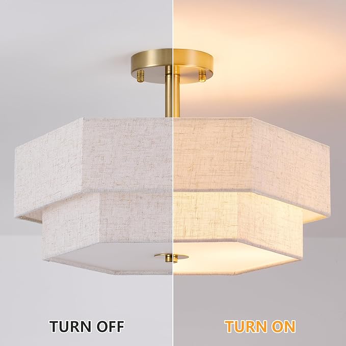 SGLfarmty 17.7" Gold Flush Mount Ceiling Light, 3-Light Farmhouse Light Fixture Ceiling Mount with 2-Tier Hexagonal Fabric Linen Shade, Modern Drum Chandelier for Bedroom Hallway Living Room