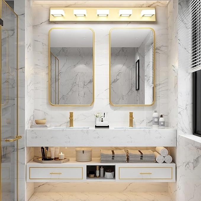 Ralbay Modern LED Gold Bathroom Vanity Lights 5 Lights LED Modern Gold Vanity Lights Over Mirror Fixture Acrylic Gold Vanity Wall Light (White Light 6000K), 33.5 inch, 8590-gold-silver