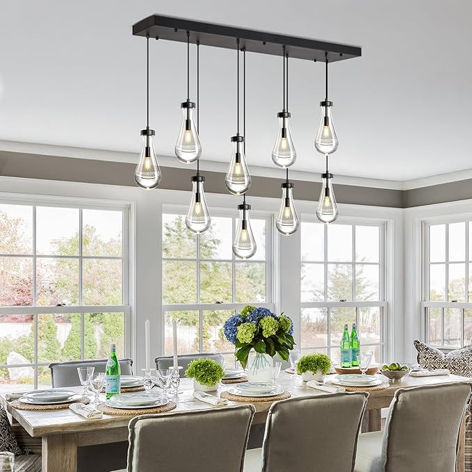 Modern Raindrop Pendant Lights Kitchen Island Teardrop Black Hanging Light Fixture Clear Solid Glass Chandeliers Crystal Pendant Light for Porch Living Room Dining Room(Long Plate-9 Lights)
