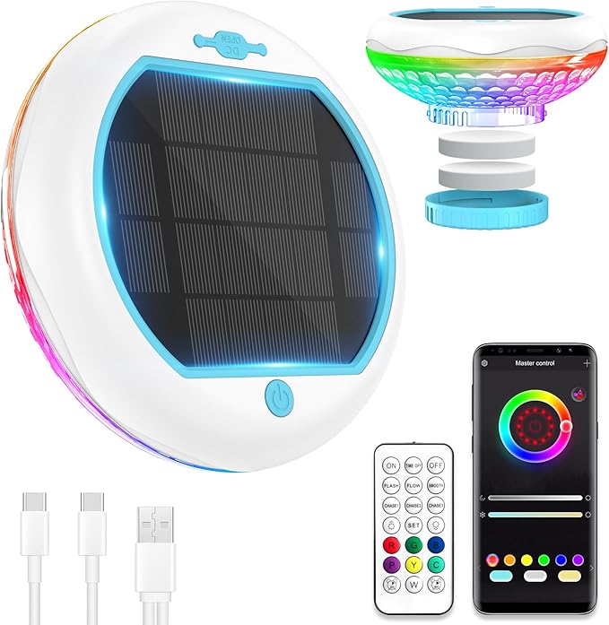 Solar Pool Chlorine Floater with Floating Pool Light, APP-Controlled Lights Adjustable Release Easy-Open Chlorine Floater Dispenser for Pool Large Capacity for 2 Tablets, Pool Lights That Float