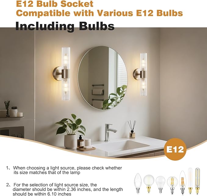 Bathroom Light Fixtures 2-Light, Modern Vanity Light for Bathroom, Wall Sconce, Bath Light with Glass Rods Shades for Mirror Bedroom Hallway (Brushed Nickel)