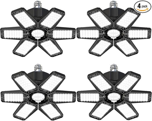 LED Garage Lights 4 Pack - 180W 18000LM Garage Ceiling Lights 6500K Daylight with 6 Adjustable Panels, Screw in E26/E27 Bulb Socket Lighting for Shop Workshop Barn Basement
