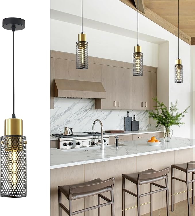 Modern Pendant Light Fixtures, Gold Cylinder Pendant Lapms with Iron Mesh, Adjustable Metal Ceiling Hanging Light Fixture for Kitchen Island Dining Room Entryway Bar 1-Light