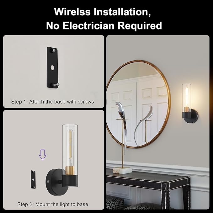 Battery Operated Wall Sconce Set of 2, Wireless Wall Lights with Remote Control, Rechargeable Dimmable Wall Lamps for Bedroom Bathroom Living Room Hallway Decor Stairwell, Black & Gold, 3000K