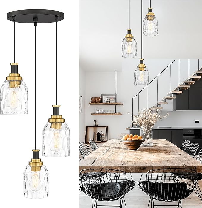 zeyu Adjustable Modern Cluster Pendant Light for Kitchen Island, 3-Light Pendant Lighting, Black and Gold Finish with Water Ripple Glass Shade, ZG33-3 BK+BG-WG