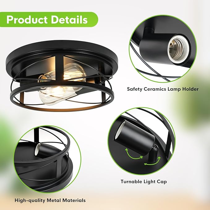 2 Pack Farmhouse Ceiling Light - Dimmable Rustic Black Flush Mount E26(not incude Bulb) Industrial Ceiling Modern Led Light for Hallway Bathroom Kitchen Bedroom (Black, 10 Inch)