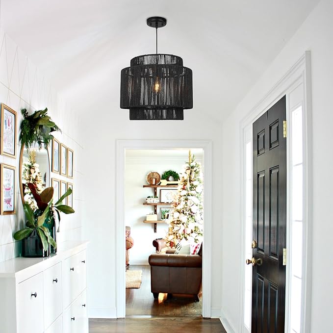 16 Inch Large Natural Simple Hand Weaved Rattan Pendant Lamp, Coastal Beach Black Rope Hanging Pendant Light Fixture for Dining Room Living Room Bedroom Kitchen Foyer