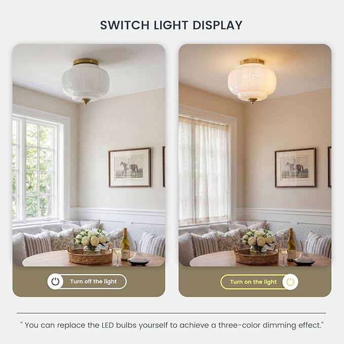 Milk Glass Ceiling Light Fixture - Farmhouse Antique Brass Semi Flush Mount Ceiling Light for Kitchen, Hallway, and Bedroom (White 15 inch)