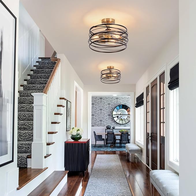 Black Rustic Drum Semi Flush Ceiling Light with 3-Light Brass Base, Modern Gold Farmhouse Chandeliers Metal Cage for Dining Room, Industrial Pendant Light for Entryway Kitchen Foyer Bedroom