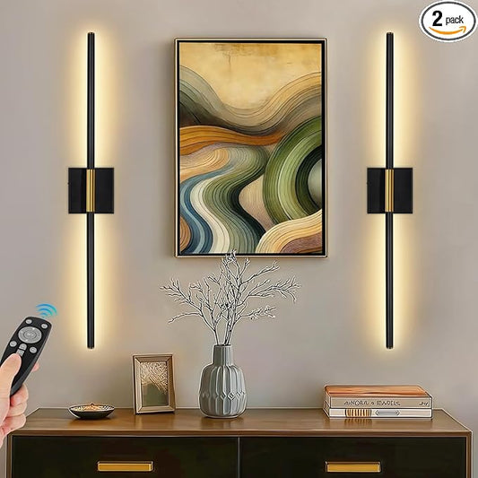 TaoFiaCo Battery Operated Wall Sconces Set of Two, Battery Wall Sconce with Remote Control, Black Gold Modern LED Rechargeable Wireless Sconces, Wall Lights for Bedroom, Living Room, 2Pack, 31.5Inch