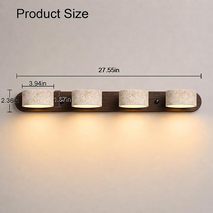 LED Bathroom Vanity Light, Travertine Stone Light Fixture, 360° Rotatable Stone Lampshades, Modern Rustic Wall Lamp for Bedroom, Living Room, Hallway (Walnut Wood-4 Lights)