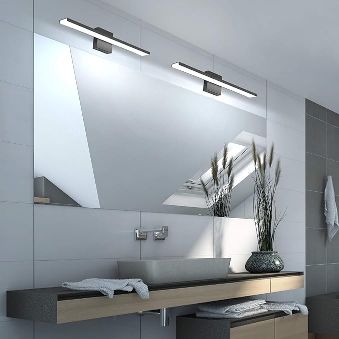 JUSHENG Black Bathroom Vanity Light Fixtures 24 Inch Modern LED Vanity Lighting Bathroom Lights Over Mirror Wall Sconce 24W 6000K Cool White