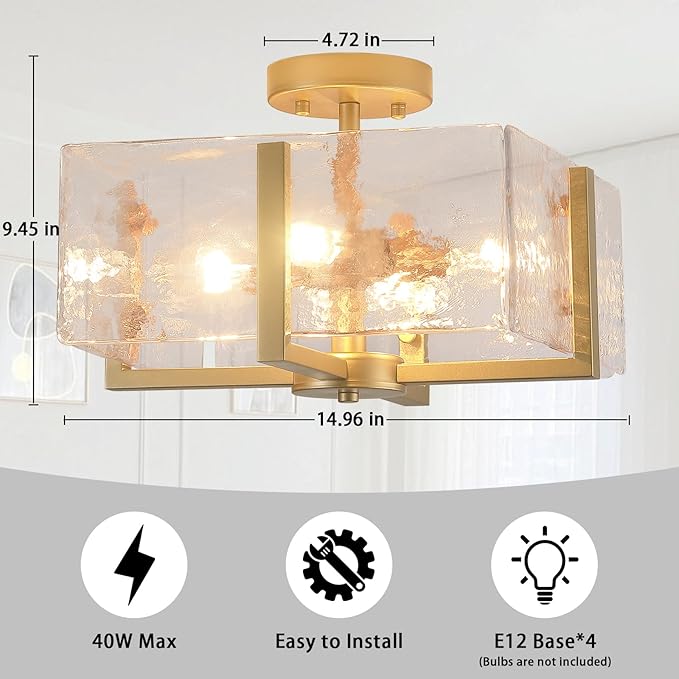 Gold Flush Mount Ceiling Light, 4-Light Brass Vintage Semi Flush Mount Hallway Foyer light fixture, Modern Glass Square Close to Ceiling Light for Kitchen, Dining Room, Bedroom, Bathroom, Entryway