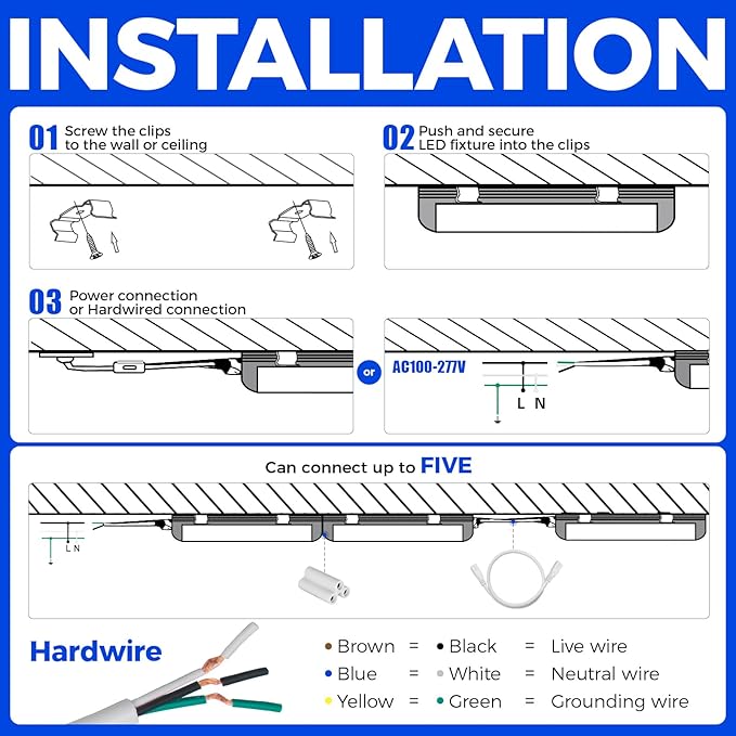 Barrina T5 LED Shop Light, 8FT, 5000LM, 6500K Super Bright White, 45W Linkable Shop Lights, Led Garage Light, Corded Electric with ON/Off Switch, ETL Listed (10 Pack)