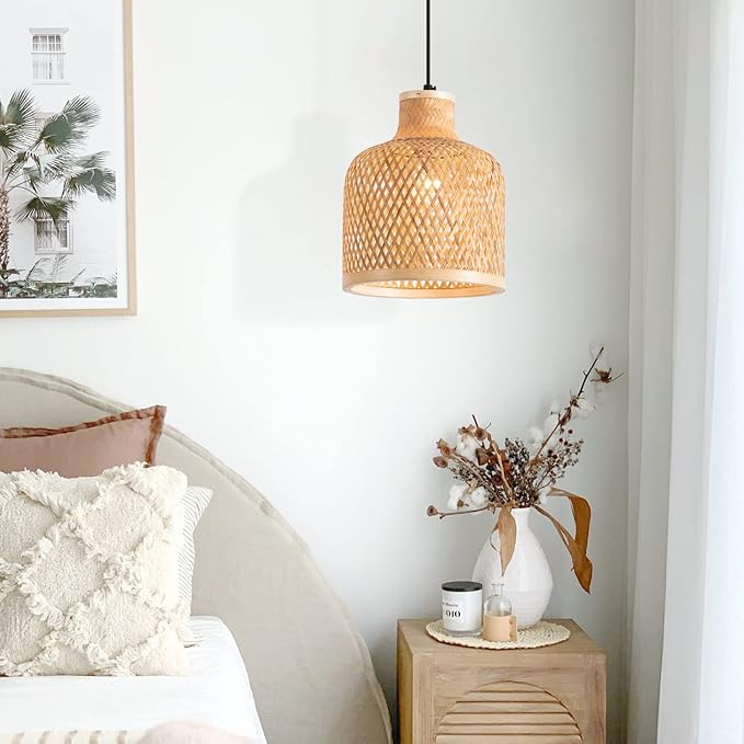 Modern Bamboo Woven Pendant Light, 2 Pack 7.8" Dome Coastal Bamboo Wicker Dome Pendant Lighting Fixture for Kitchen Dining Room Living Room Foyer