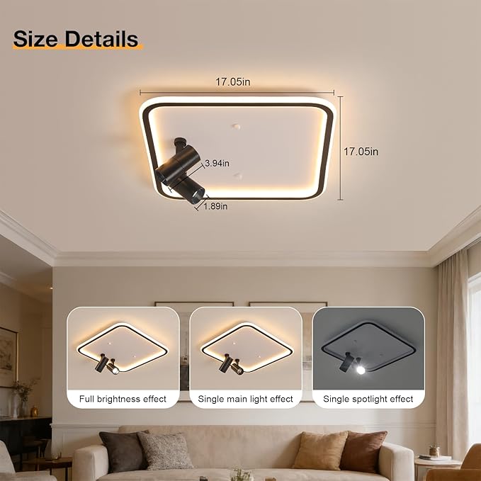 Modern Square LED Flush Mount Ceiling Light Fixture, 2 Adjustable Spotlights, Black Frame White Shade Minimalist Lighting for Living Room Bedroom Kitchen