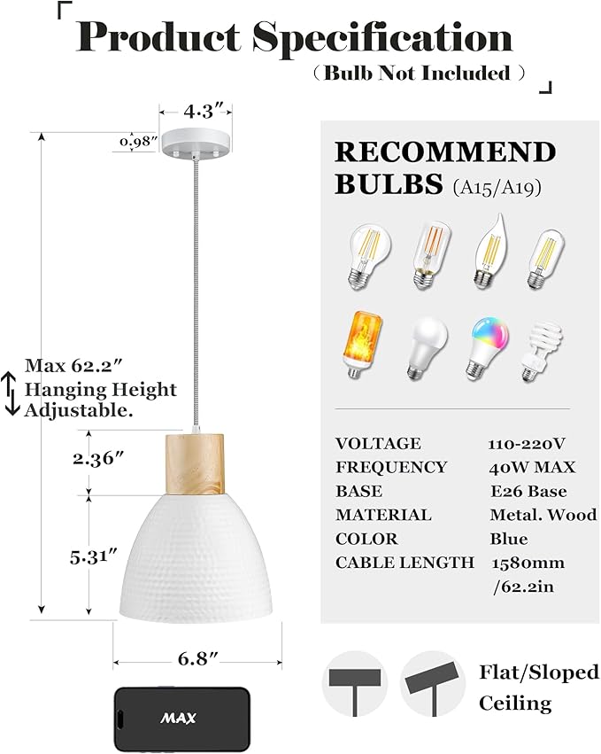 ELYONA 3 Pack White Hammered Pendant Lights for Kitchen Island 7” Small Nordic Solid Wood Hanging Light Fixtures, Modern Metal Pendant Light Fixtures for Bar, Dining Room, Bedroom, Hallway, Office