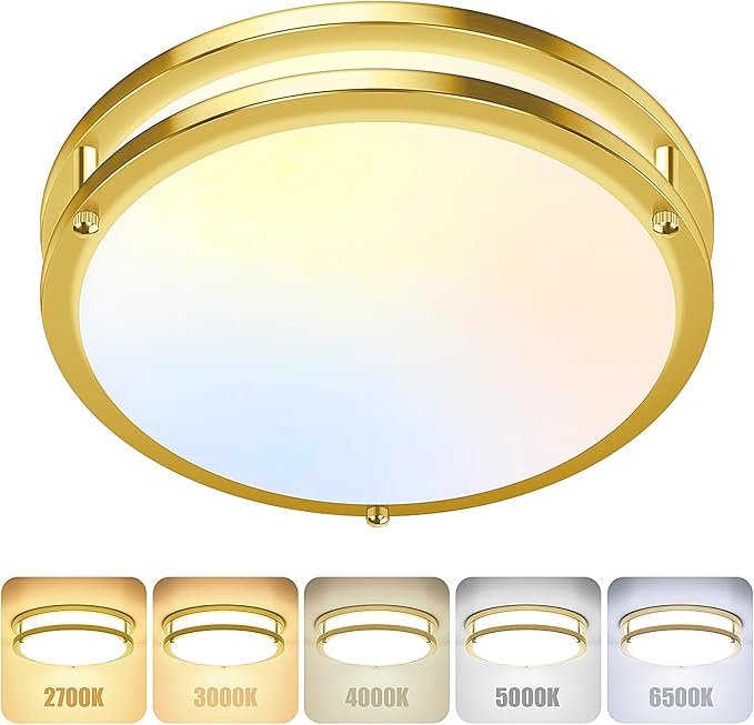 GoBright 36W LED Ceiling Lights for Bedroom Kitchen, 12 Inch 3600lm Super Bright Dimmable Gold Flush Mount Light Fixtures, 2700K/3000K/4000K/5000K/6500K Adjustable Modern Lamps for Hallway
