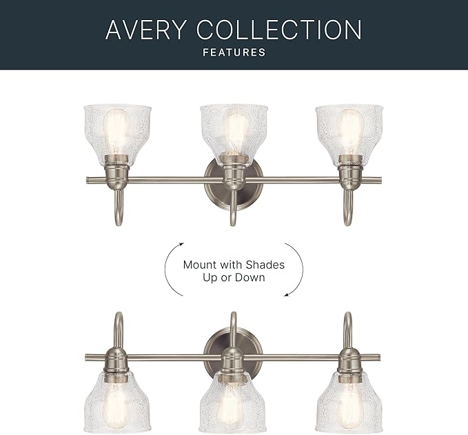 Kichler Avery 24" Vanity Bath Light in Brushed Nickel, Vintage 3-Light Bathroom Wall Mount Fixtured with Clear Seeded Glass, (24" W x 9.25" H), 45973NI