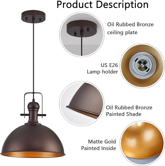 12 Inch Oil Rubbed Bronze Farmhouse Pendant Lights Large Pendant Lights for Kitchen Island Industrial Adjustable Height Vintage Big Dome Hanging Light Fixtures for Barn, Dining Room 3 Packs