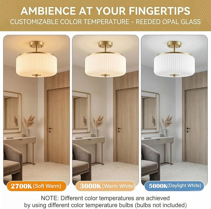 3-Light Gold Semi Flush Mount Ceiling Light, 11.8" Modern Schoolhouse Light Fixtures Ceiling Mount with Ribbed Opal Glass Shade, Anti-Glare Close to Ceiling Lamp for Bedroom Kitchen Hallway Entryway