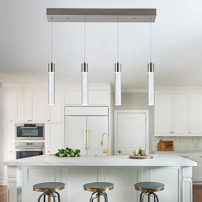 4-Light Pendant Light Fixtures for Kitchen Island, Updated Preminum LED Pendant Lighting with Crystal Bubble, 32W Modern Hanging Ceiling Light, 6000K Light for Dining Room,for Kitchen…