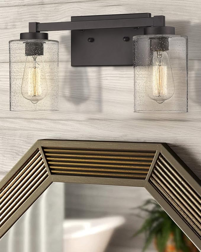 Beionxii 2 Light Bathroom Vanity Lights, Vintage Wall Sconce Oil Rubbed Bronze with Clear Seeded Glass 16" W x 8.75" H - MB9002-2