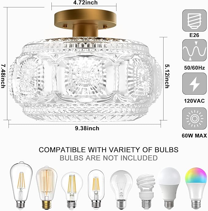 Semi Flush Mount Ceiling Light, Globe Glass Ceiling Light Fixture, Gold Modern Lighting for Hallway Porch Corridor Kitchen Bedroom, Bulb Not Included