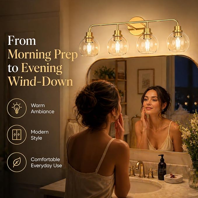 DORESshop Built to Last 20 Years Bathroom Light Fixtures, 4-Light Vanity Lights Over Mirror, Gold Wall Lamp with Clear Glass for Living Room Decor Bedroom Porch Cabinet