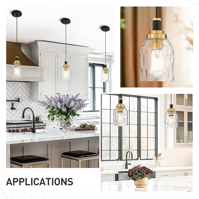 zeyu Pendant Light 2 Pack, Vintage Adjustable Hanging Light for Hallway, Haning Light Fixture Ceiling with Water Ripple Glass Shade, Black and Gold Finish, ZG33M1L-2 BK+BG-WG