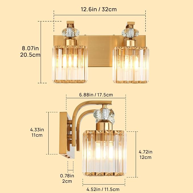 Modern Bathroom Vanity Light, 2-Light Gold Bathroom Lighting Fixtures Over Mirror, 12.6" Crystal Wall Light Sconce for Bathroom/Bedroom/Vanity, Includes LED Bulbs, Easy Installation