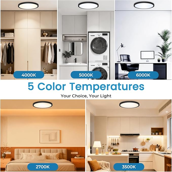 6Pack 12 Inch Slim Dimmable LED Flush Mount Ceiling Light Fixture, 24W=2640LM & 5CCT Selectable (2700K-6500K), Low Profile House Upgrade Led Light for Hallway, Porch & Closets, Black