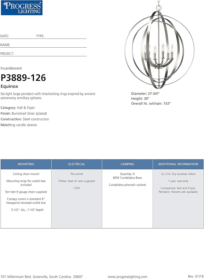 Equinox Collection Silver Six-Light Luxury Hanging Pendant Light