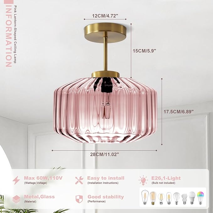 Modern Semi-Flush Mount Light Fixture Blush Pink Ceiling Lamp with Brushed Gold Base, Bedroom Light Fixture for Girls Bedroom, Nursery, Master Suite Hallway