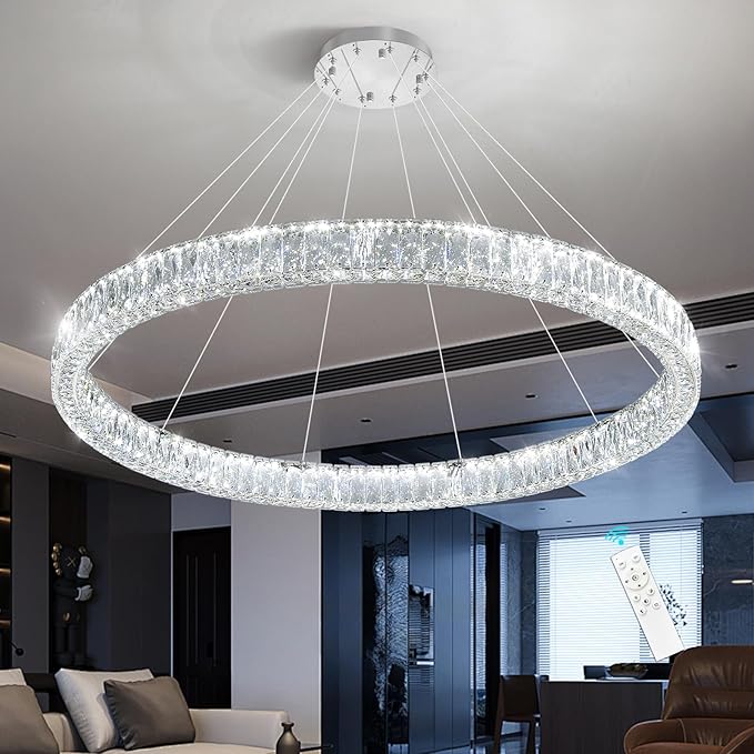 HAIXIANG Modern Crystal Chandelier Dimmable Large Ring LED Pendant Lights Adjustable Glam Chandeliers Lighting Fixtures for Dining Room Living Room Bedroom Silver Light