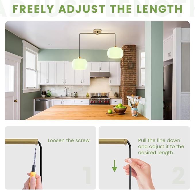 Mid Century Vintage Gold Pendant Light, 2-Light Adjustable Hanging Fixture with Green Glass Dome Shade, Farmhouse Chandelier for Kitchen Island Dining Room