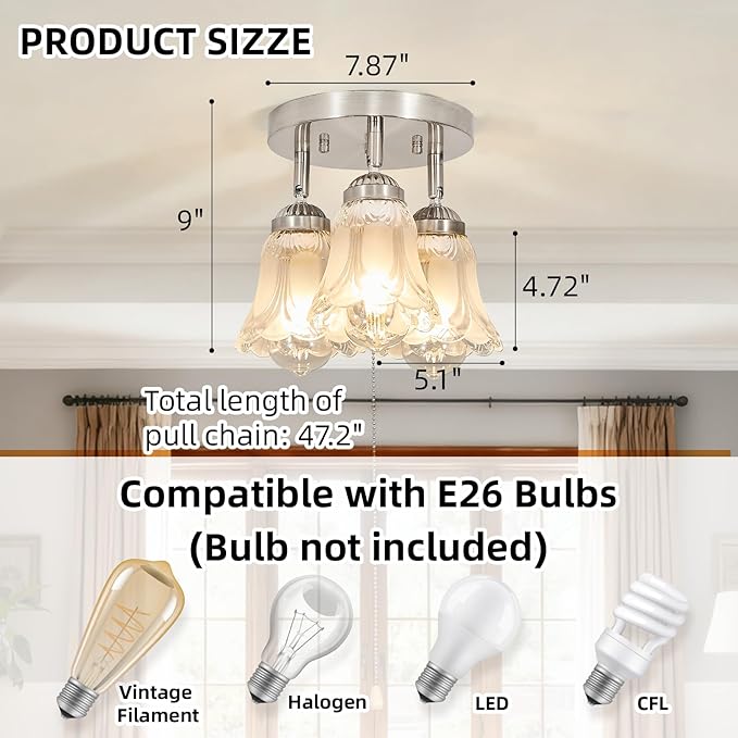 3-Light Flush Mount Ceiling Light with Pull Chain Clear and Frosted Glass Low Profile Lighting Fixtures for Kitchen Living Room Dining Room Closet (Brushed Nickel)