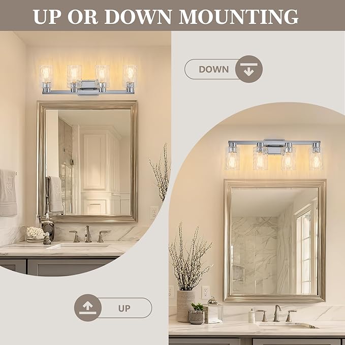 4-Light Bathroom Light Fixtures Modern Chrome Vanity Lights with Water Ripple Glass Wall Sconces Over Mirror for Bathroom, Powder Room, Living Room