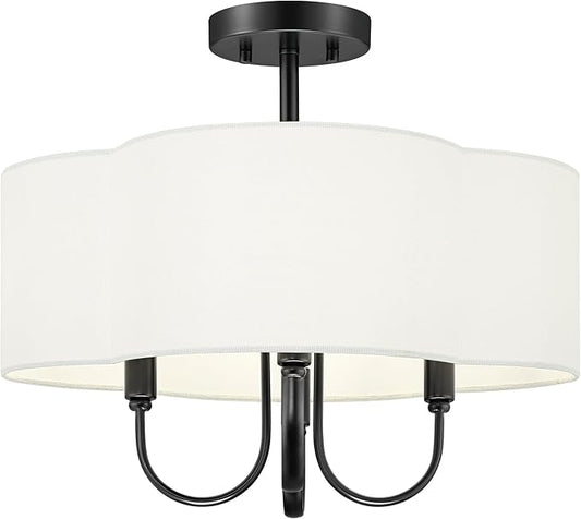 18" Semi Flush Mount Ceiling Light, 4-Light Vintage Light Fixtures Ceiling Mount with Fabric Shade in Quatrefoil for Kitchen Nursery Entryway Hallway Bedroom, Matte Black, SM179-MB-L