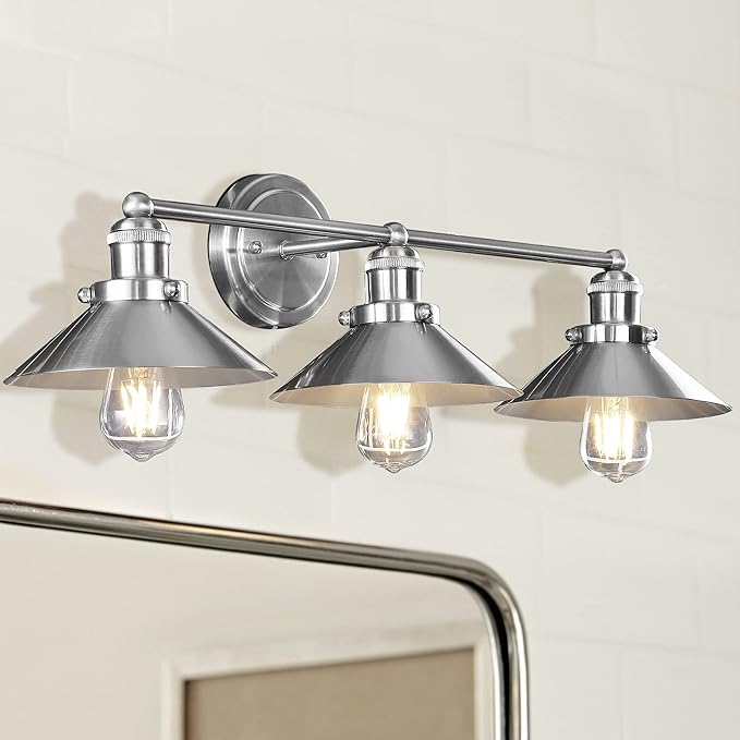 JONATHAN Y 26.5" Nickel 3-Light Industrial Farmhouse Metal Vanity Light Wall Sconce, Metal Shade for Bathroom Mirror, Kitchen, Entryway, LED Bulb Included (JYL7428B)