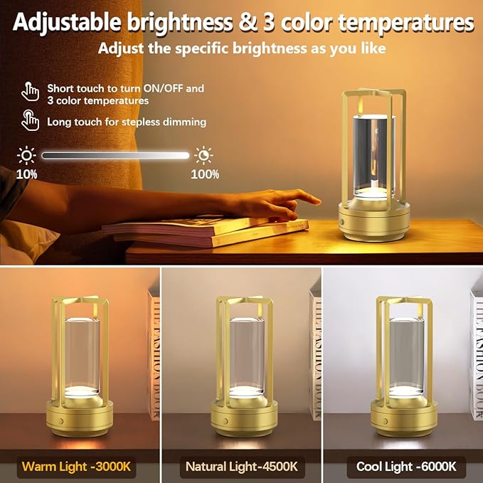 Small Cordless Table Lamps Rechargeable Set of 2 for Indoor/Outdoor, Portable Battery Operated Powered Lamps, Dimmable 3 Color Modes Waterproof, LED Desk Lights for Bedroom/Restaurant/Camping-Gold