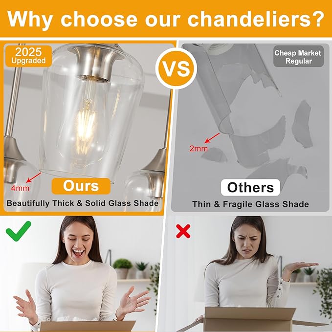 38" Dining Room Light Fixture/Chandelier Over Table, 8-Light Brushed Nickel Kitchen Island Lighting with Clear Glass Shade, Modern Hanging Pendant Lights Fixture for Kitchen Island, Dining Room, Bar