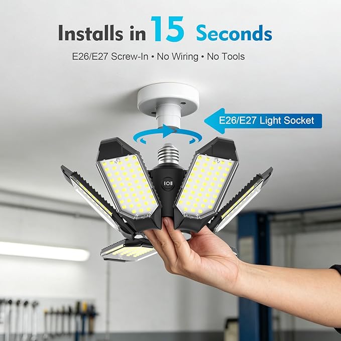 TANBABY 260W Motion Sensor Garage Lights, 30000LM Shop Lights with Remote Control 3 Modes (ON/Off/AUTO), 30/60/120s Timer, E26 Screw-in Deformable 6-Panel 6500K Ceiling Light for Garage Shop Basement