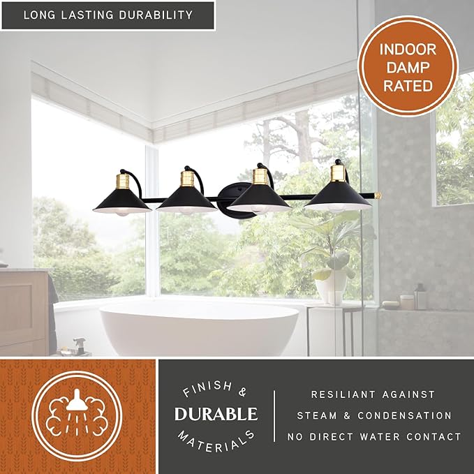 VAXCEL Akron 4-Light 38 inch Wide Matte Black and Natural Brass Industrial Bathroom Vanity Lighting Fixture, Metal Shade, Dimmable, LED Compatible, Over The Mirror Mounted Steel Wall Sconce